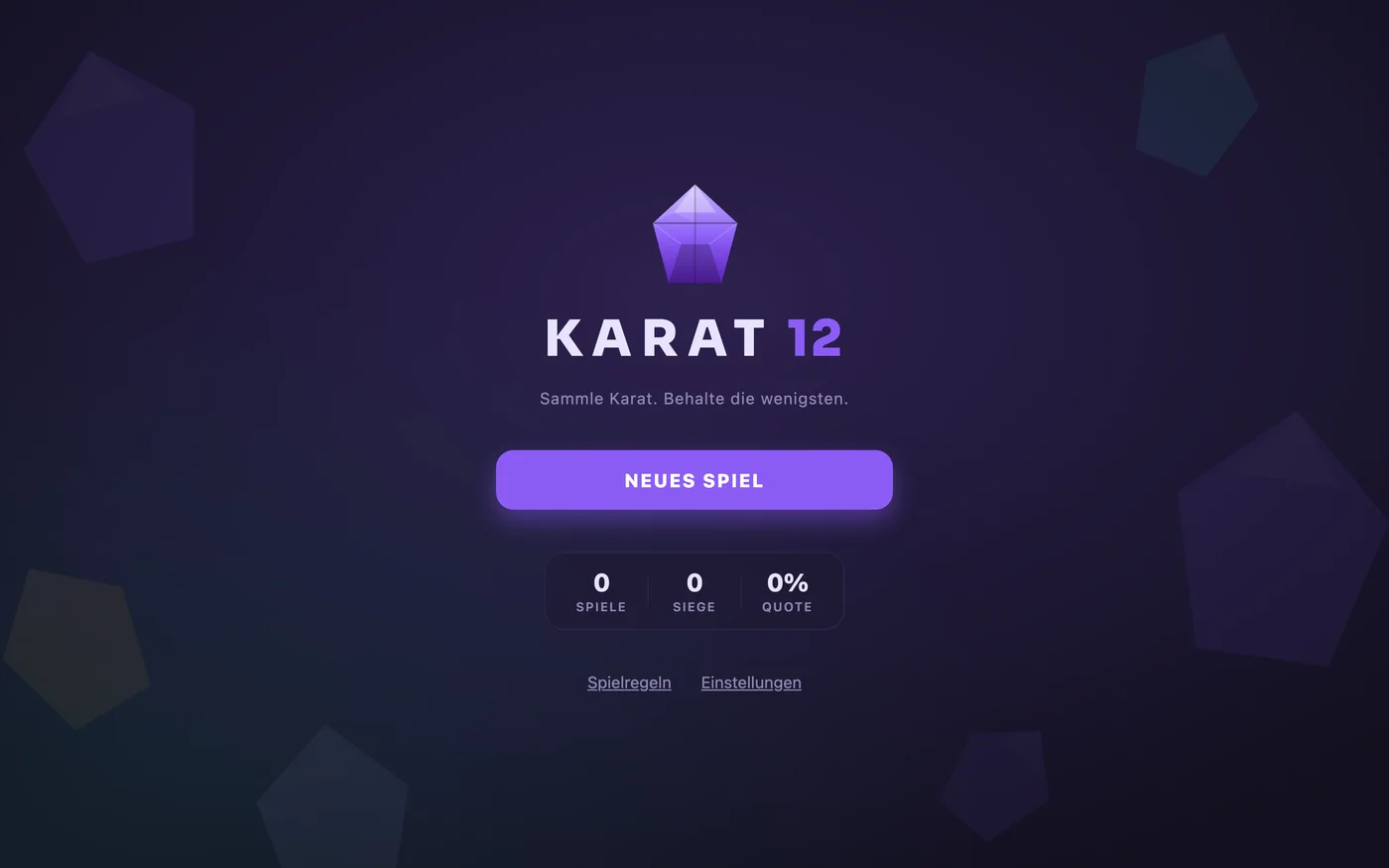 Startbildschirm von Karat 12 mit violettem Edelstein und der Schaltfläche Neues Spiel